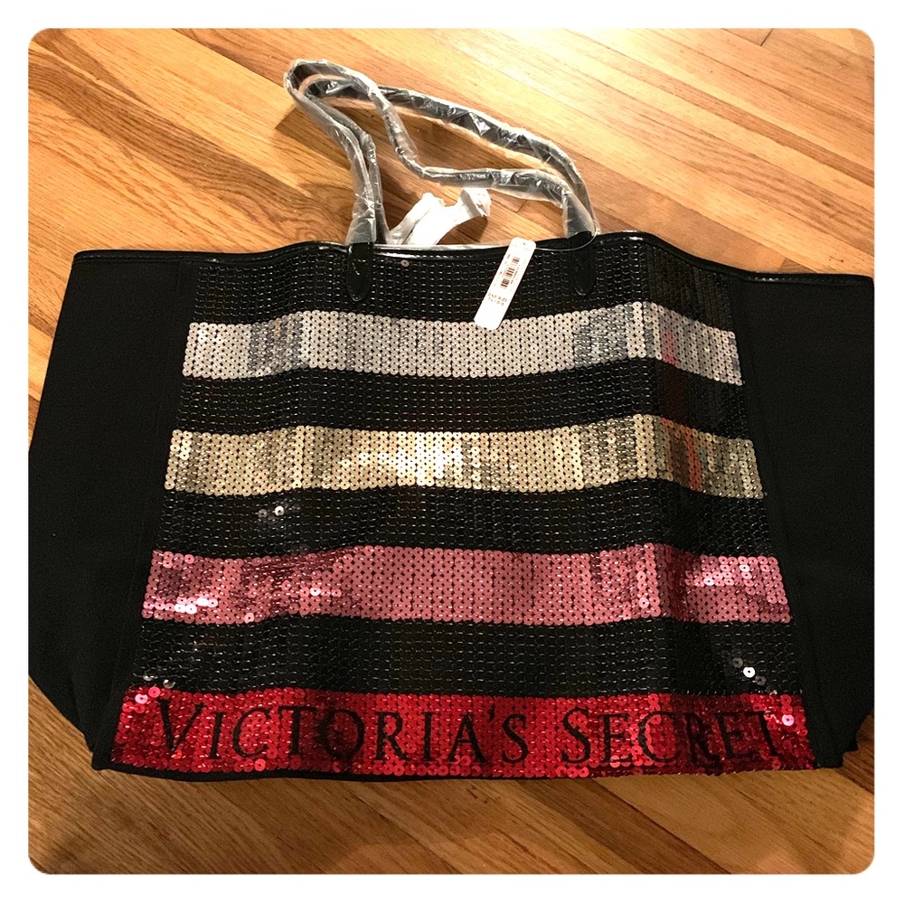 Victoria's Secret Black Sequin Stripe Tote - Pink & Gold Accent - Picture 9 of 12